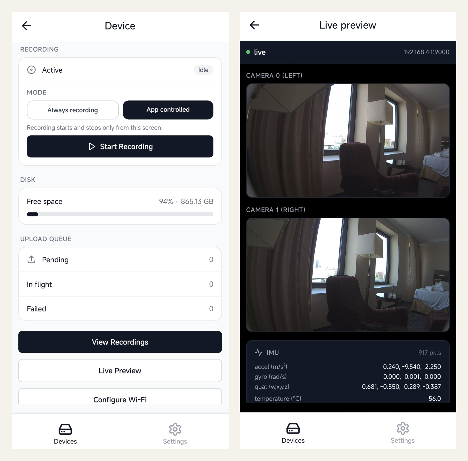 Ego Data Center companion app showing live preview, recording controls, and disk telemetry