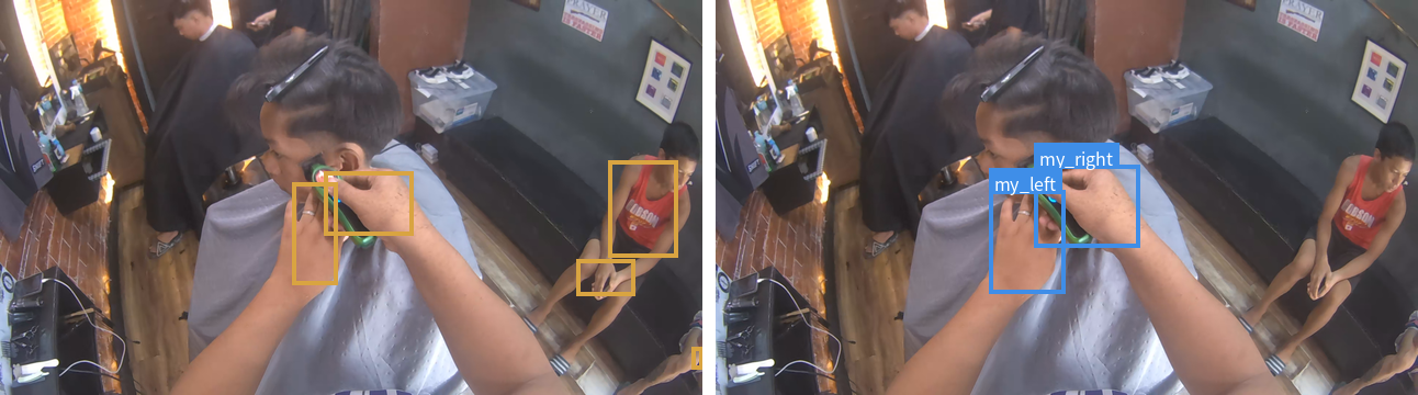 Side-by-side egocentric test frame: MediaPipe boxes the wearer's hands and a bystander's hands alike, while EgoHand labels only the wearer's left and right hands