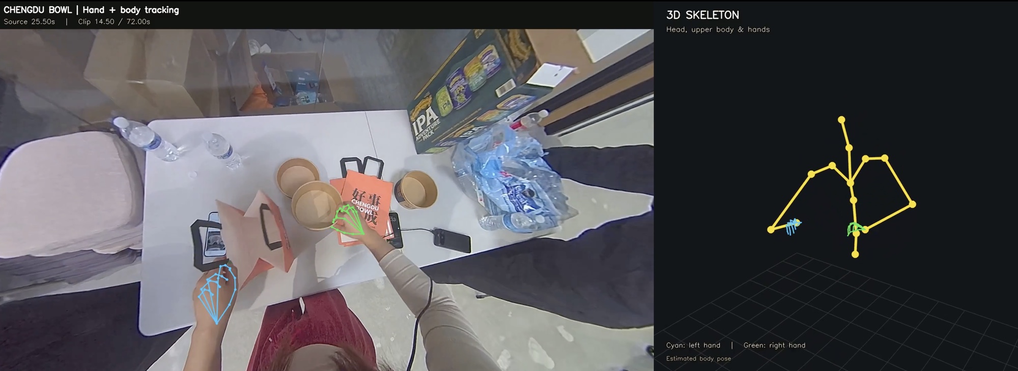 Split view of a takeout-packing session: on the left, the first-person video from a GI headset with the wearer's left hand outlined in cyan and right hand in green while packing bowls into a bag; on the right, the estimated 3D skeleton of the wearer's head, upper body, and hands