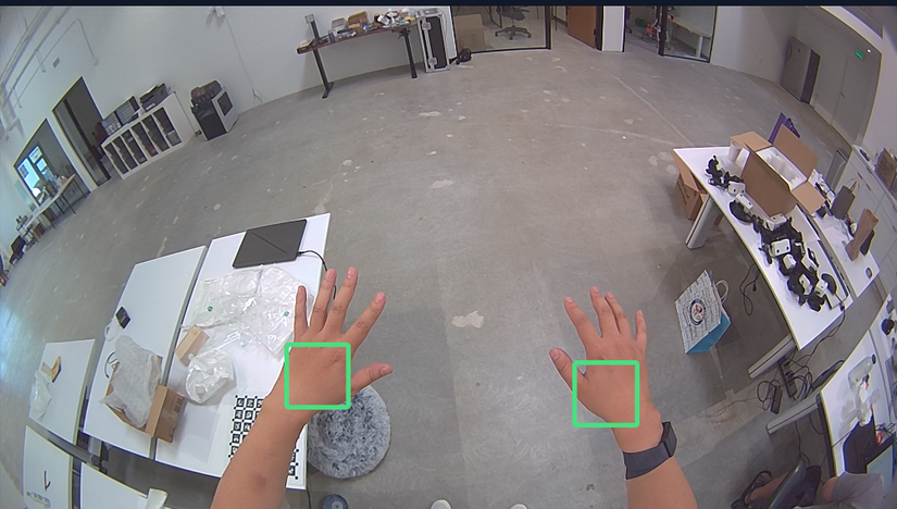 Egocentric frame with both hands detected and boxed on-device